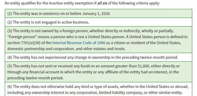 Inactive companies BOI reporting criteria