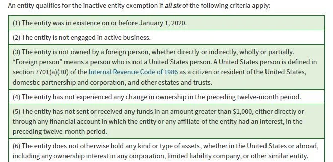 Inactive companies BOI reporting criteria